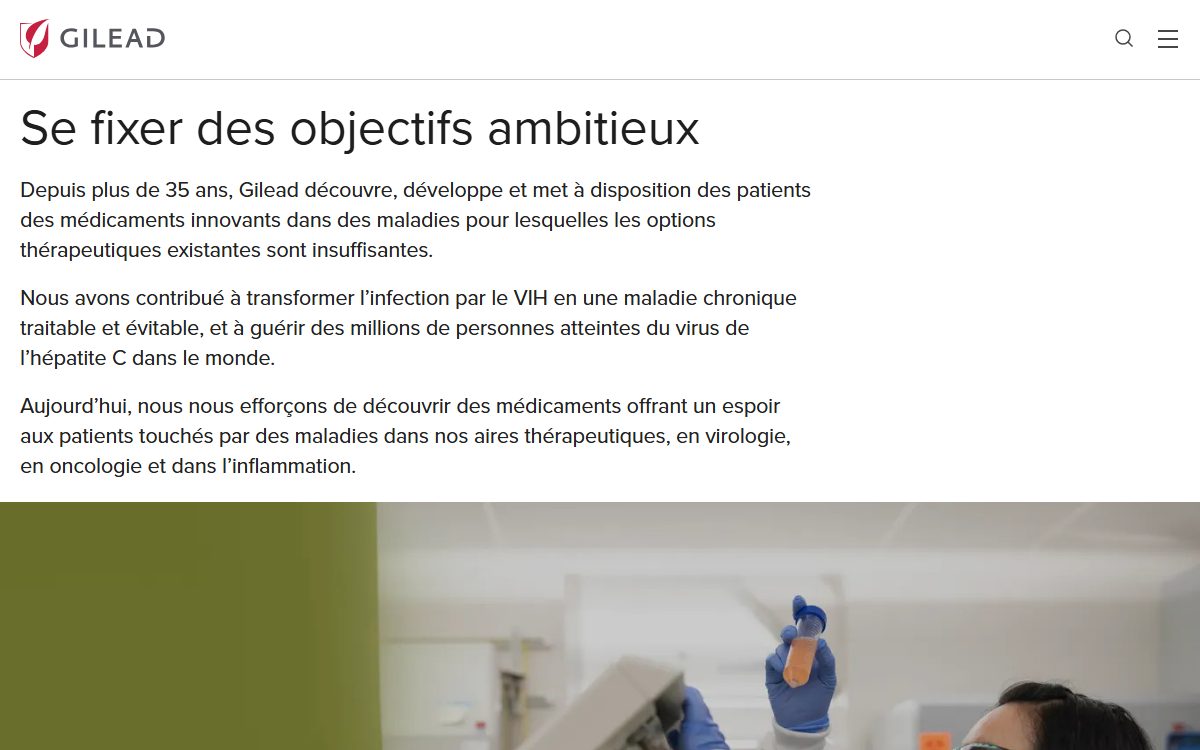 Page d’accueil du site officiel de Gilead Sciences