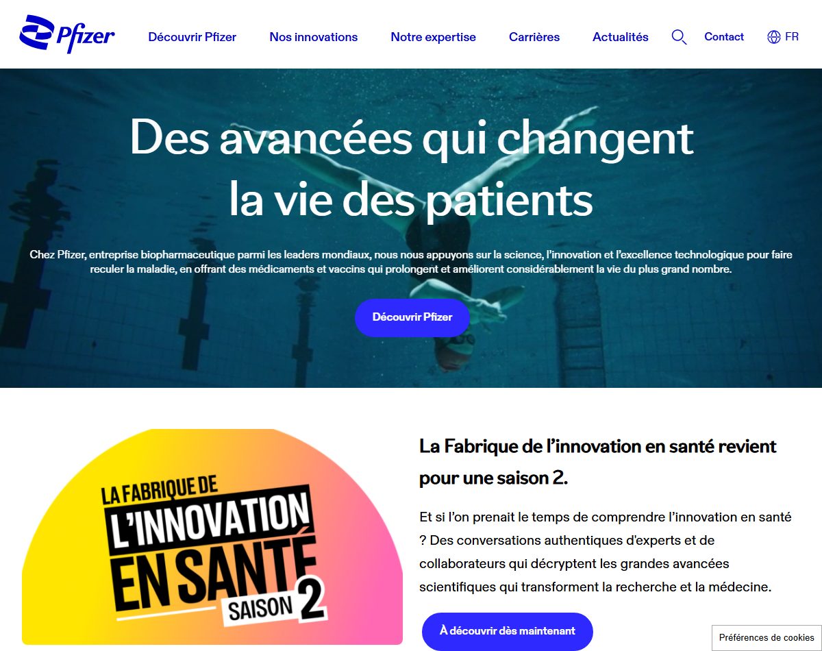 Page d’accueil du site officiel de Pfizer