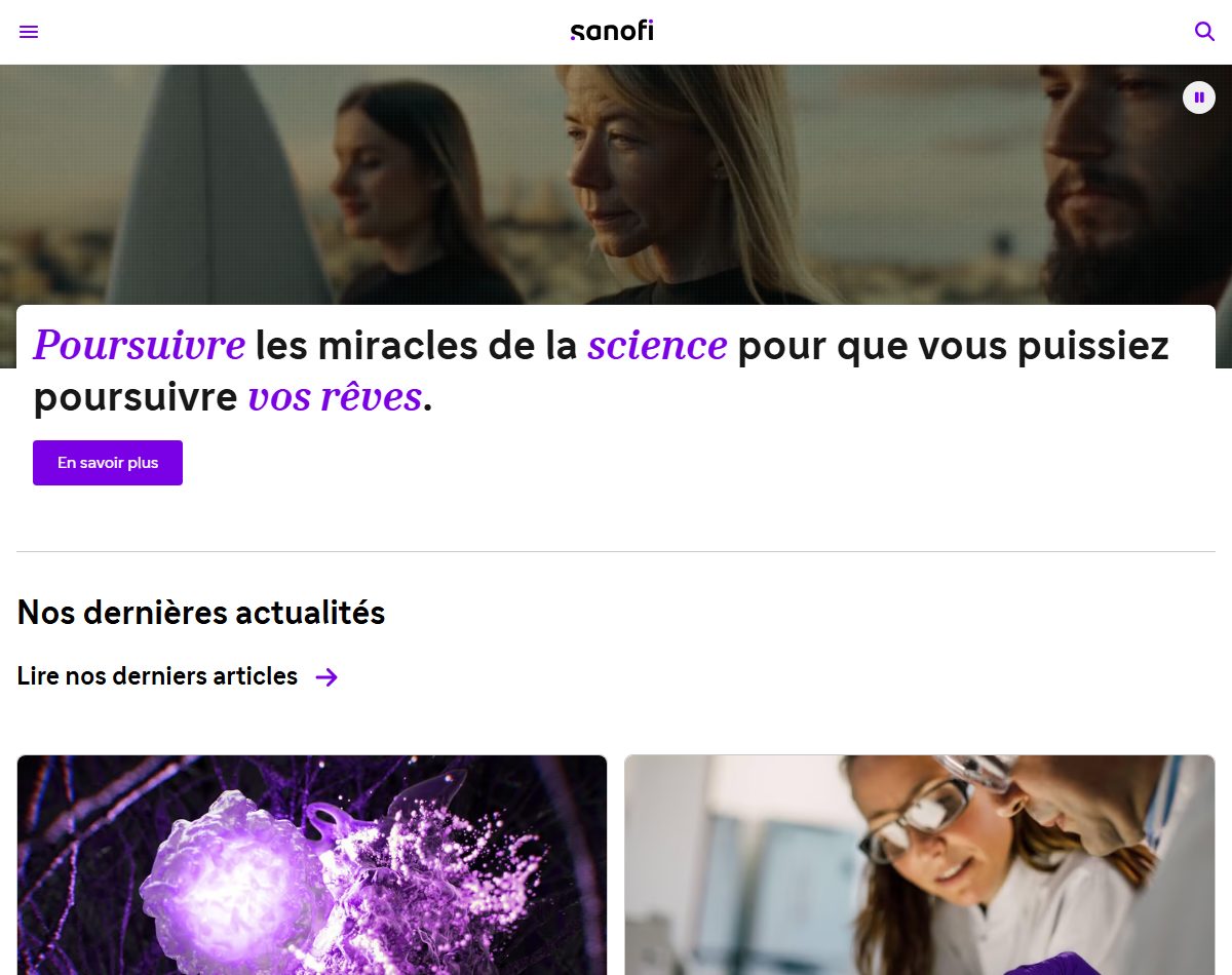 Page d’accueil du site officiel de Sanofi