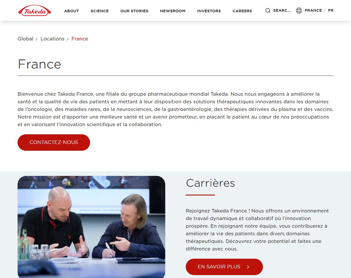 Page d’accueil du site officiel de Takeda
